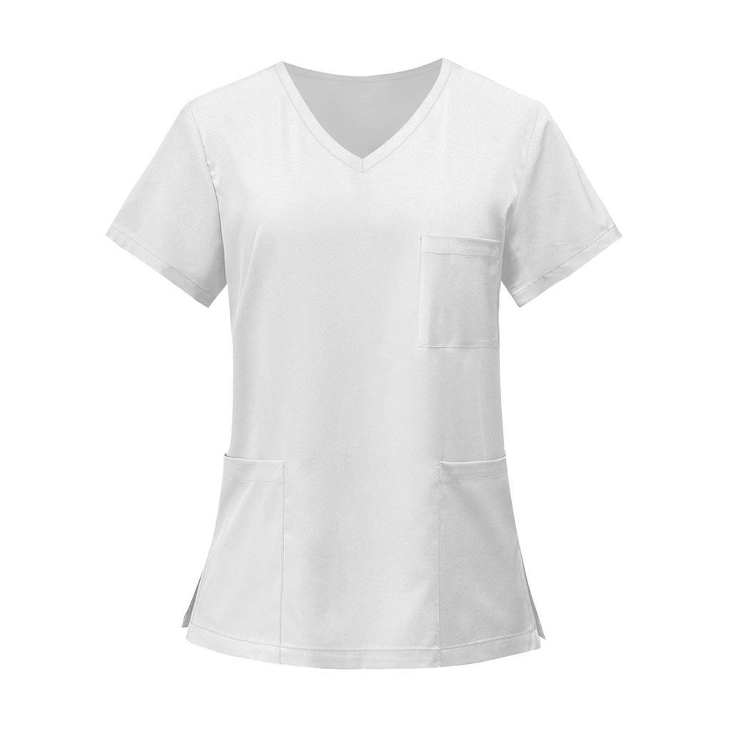 Women's Fashion Solid Short Sleeve V Neck Pattern Tops Pocket Working T-shirts