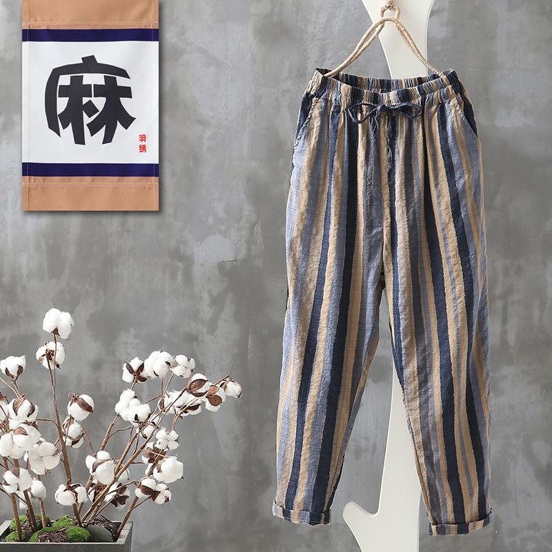 Новые летние брюки-шаровары Wiomen Vintage Striped Print из хлопка и льна длиной до щиколотки, женские повседневные свободные брюки с эластичной резинкой на талии и карманами