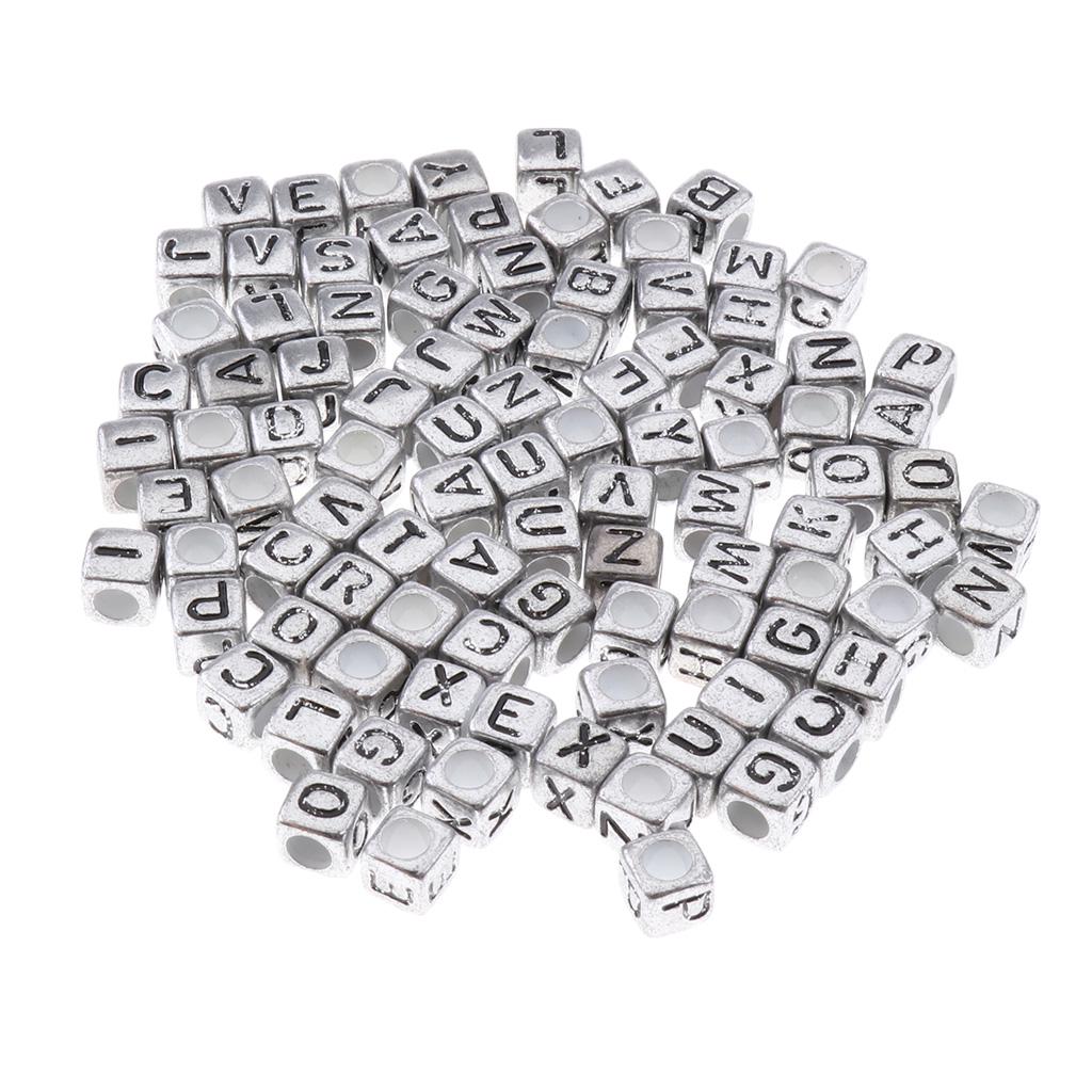 100x Assorted Metallic Acrylic Alphabets Letter Cube Beads Pony Beads Silver
