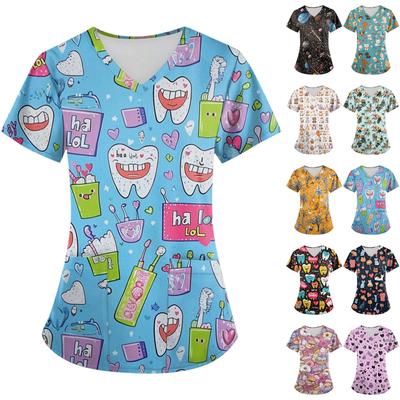 Большие размеры, печатные рабочие униформы, топы для женщин, крестообразный V-образный вырез, принт на Хэллоуин, короткий рукав, забавные футболки, рабочая одежда, футболка с карманами