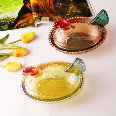 Стеклянная конфетница «Курица на гнезде» с крышкой, большая чаша на ножке для закусок, для конфет, печенья, орехов, десертов, винтажная рустикальная банка для конфет для дома, кухни, офиса