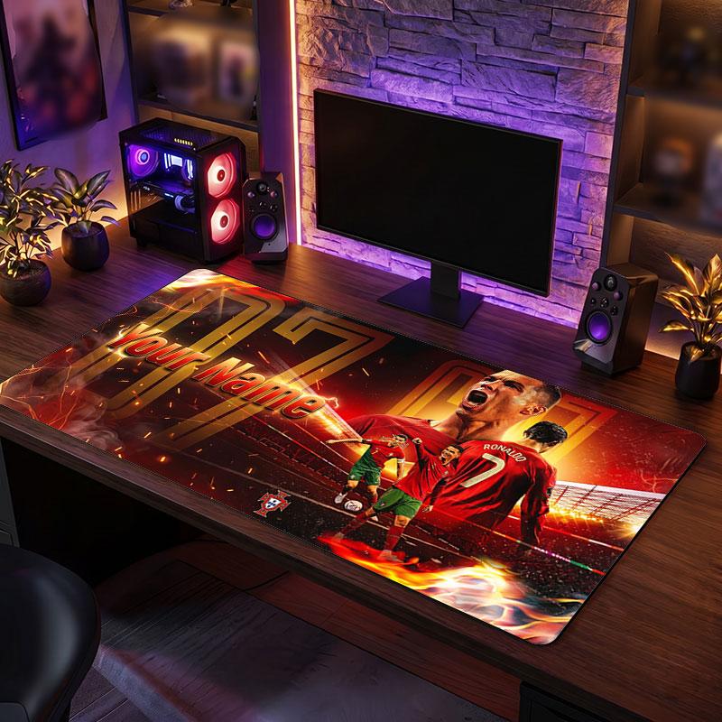 Cristiano Ronaldo Custom Large Mouse Pad, Personalized Name Text Print, Football Logo Non‑Slip Desk Mat Gaming Gift