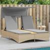 VidaXL Double Sun Lounger with Canopy and Cushions Mixed Beige Rattan, Sunbed, Reclining Lounger, Bed of 365623