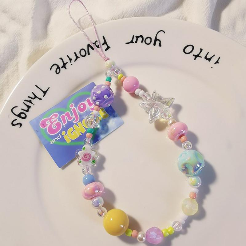 Ремешок для мобильного телефона, граффити, цветной браслет со звездой и бусинами, женский короткий кулон на запястье, универсальный шнурок против потери для ключей