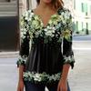 Women T-Shirt V-neck 3/4 Sleeve Pullover Tops Floral Print Lightweight Breathable Casual Tops Streetwear