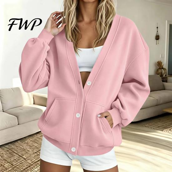 Relaxed Fit Cardigan Women Button Front V-Neck Cardigan, Solid Color Oversized Sweatshirt with Casual Jacket Dual Pockets, Long Sleeve for Fall Winter