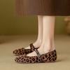 Retro Leopard Print Single Shoes Women's New One-word Buckle with Mary Jane Flat-soled Soft-soled One-pedal Beanie Shoes