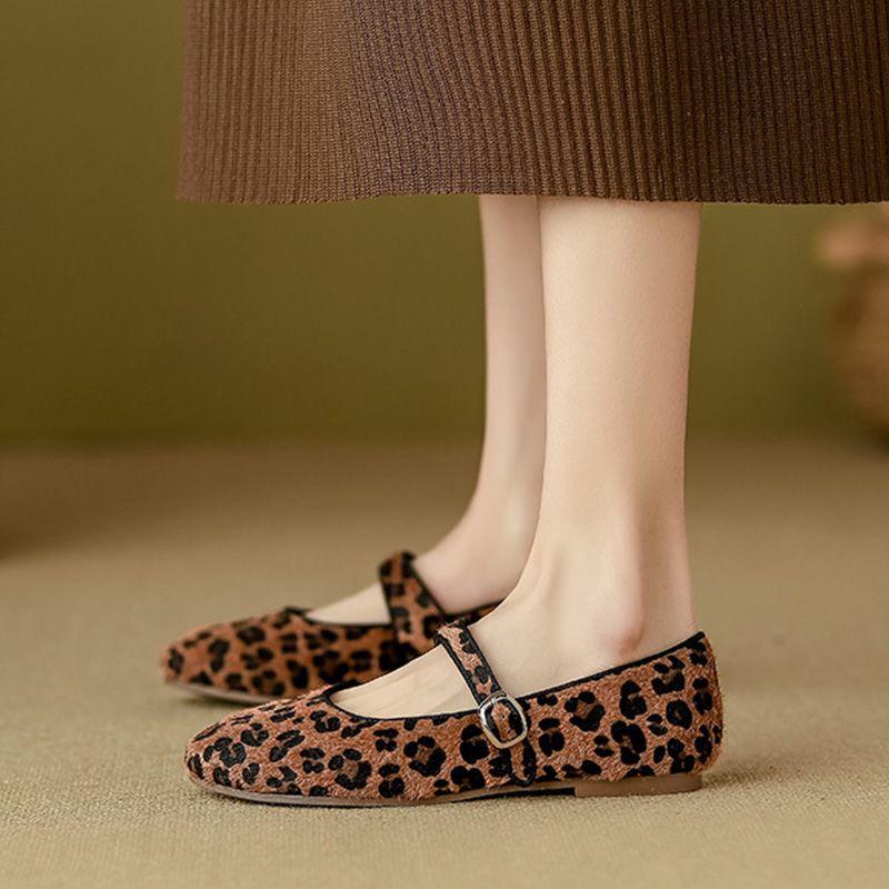 Retro Leopard Print Single Shoes Women's New One-word Buckle with Mary Jane Flat-soled Soft-soled One-pedal Beanie Shoes