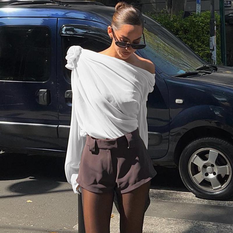 Trendy Chiffon Floral Mesh Off-Shoulder Long-Sleeve Top for Women