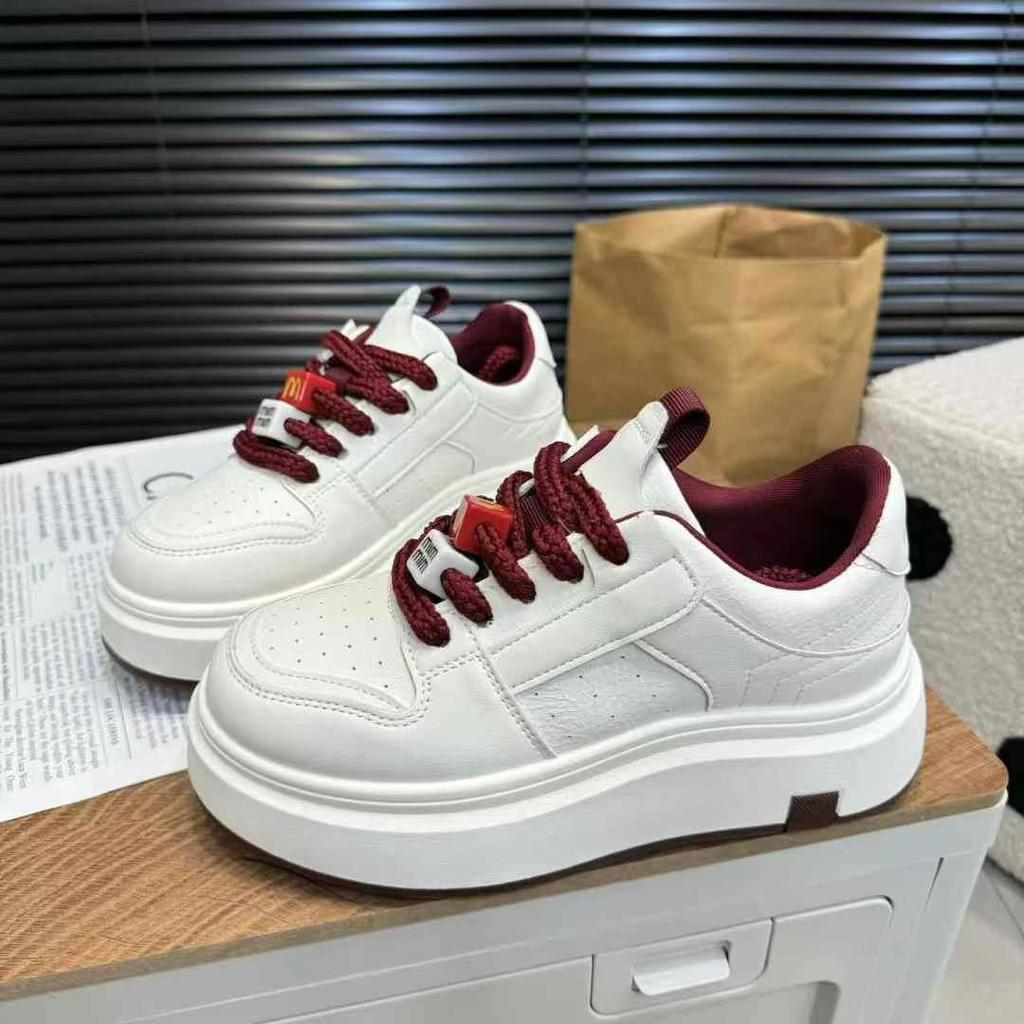 Muffin Thick-soled Heightening Little White Shoes 2025 Spring New Leather Casual Sports Board Shoes 5cm Ink-absorbing Jelly Sole