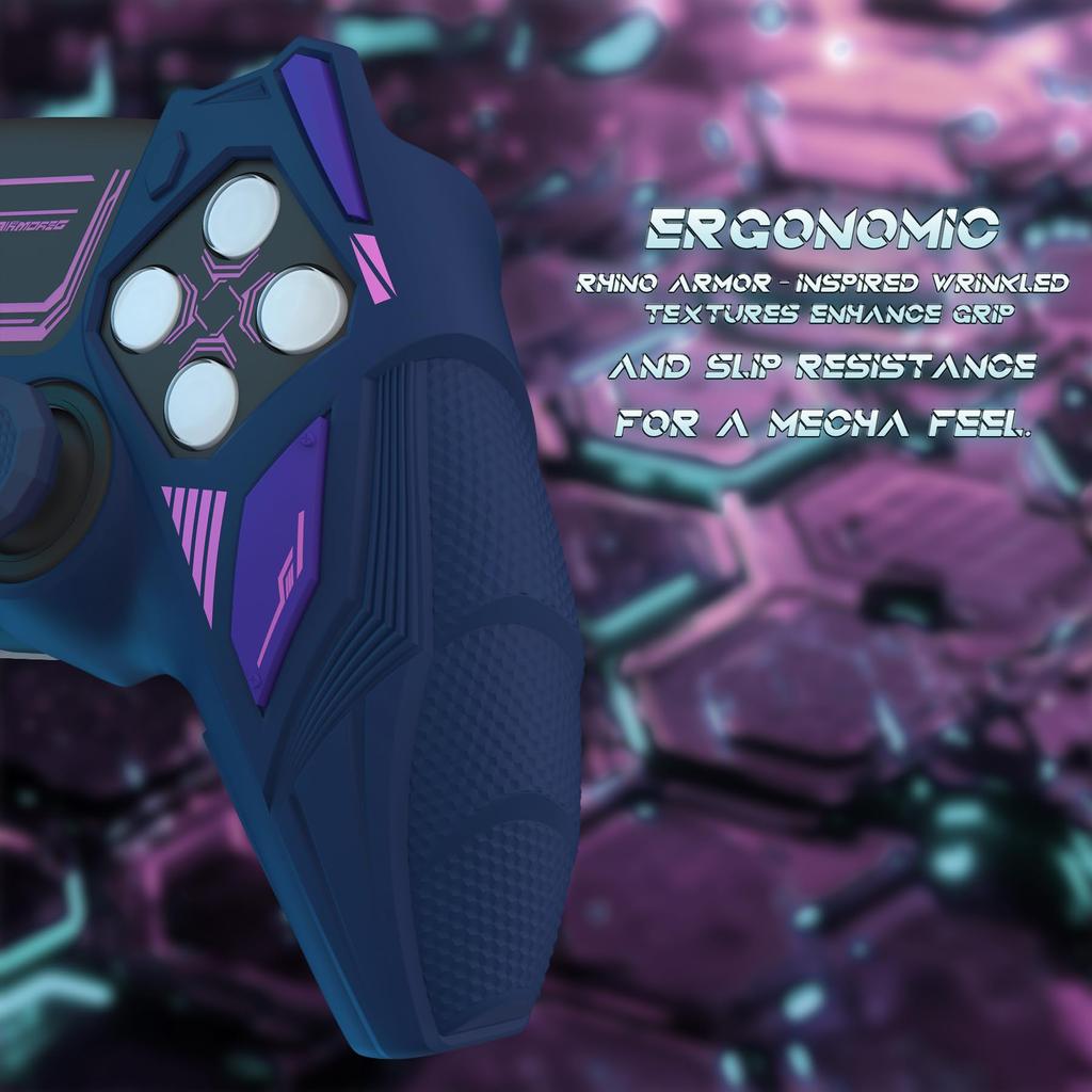 PlayVital Силиконовый чехол для контроллера PS5 Меха-Носорог Ударопрочный Защитный Легкий Включает накладки на стики и Совместим с зарядкой Цвет: Полуночный синий и фиолетовый