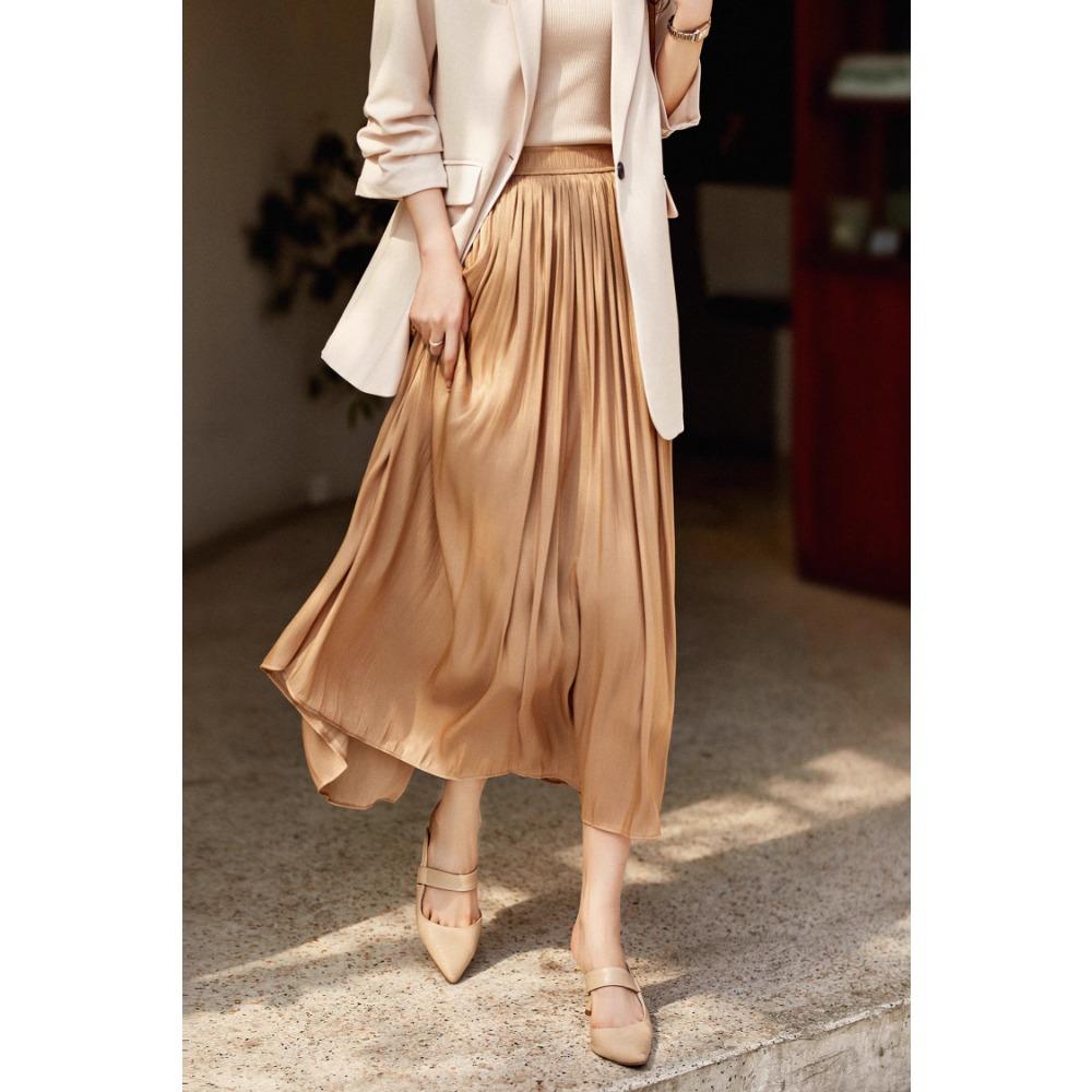 Dimanaf 2025 Summer Women New Skirts Solid Elastic Waist Pleated Mesh Elegant Skirts