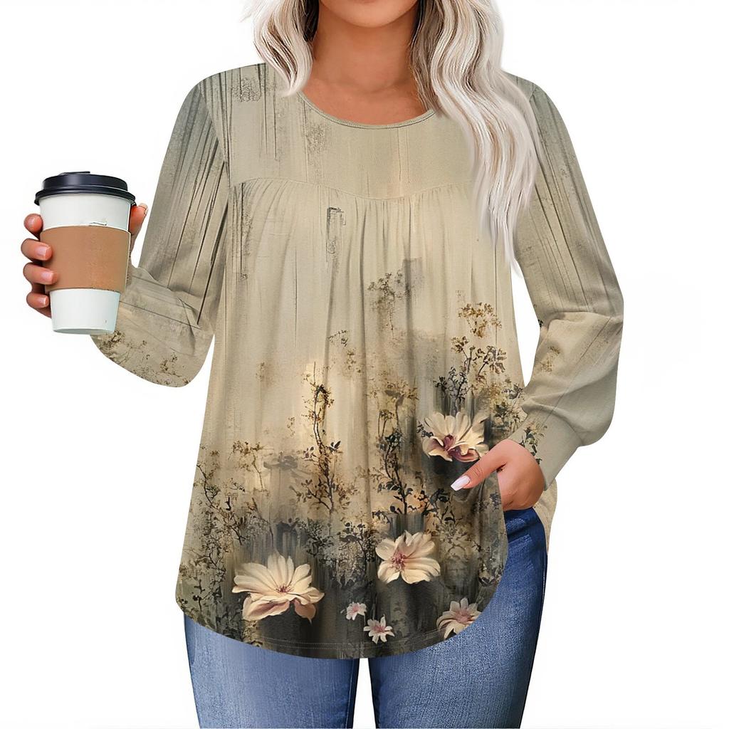 Womens Plus Size Tops Long Sleeve Shirts Round Neck Flowy Tunic Casual Loose Blouse L-5X