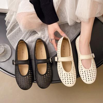 Однотонные туфли женские с простой пряжкой, летние новые, с легким вырезом, на плоской подошве, с перфорацией, универсальные повседневные туфли женские