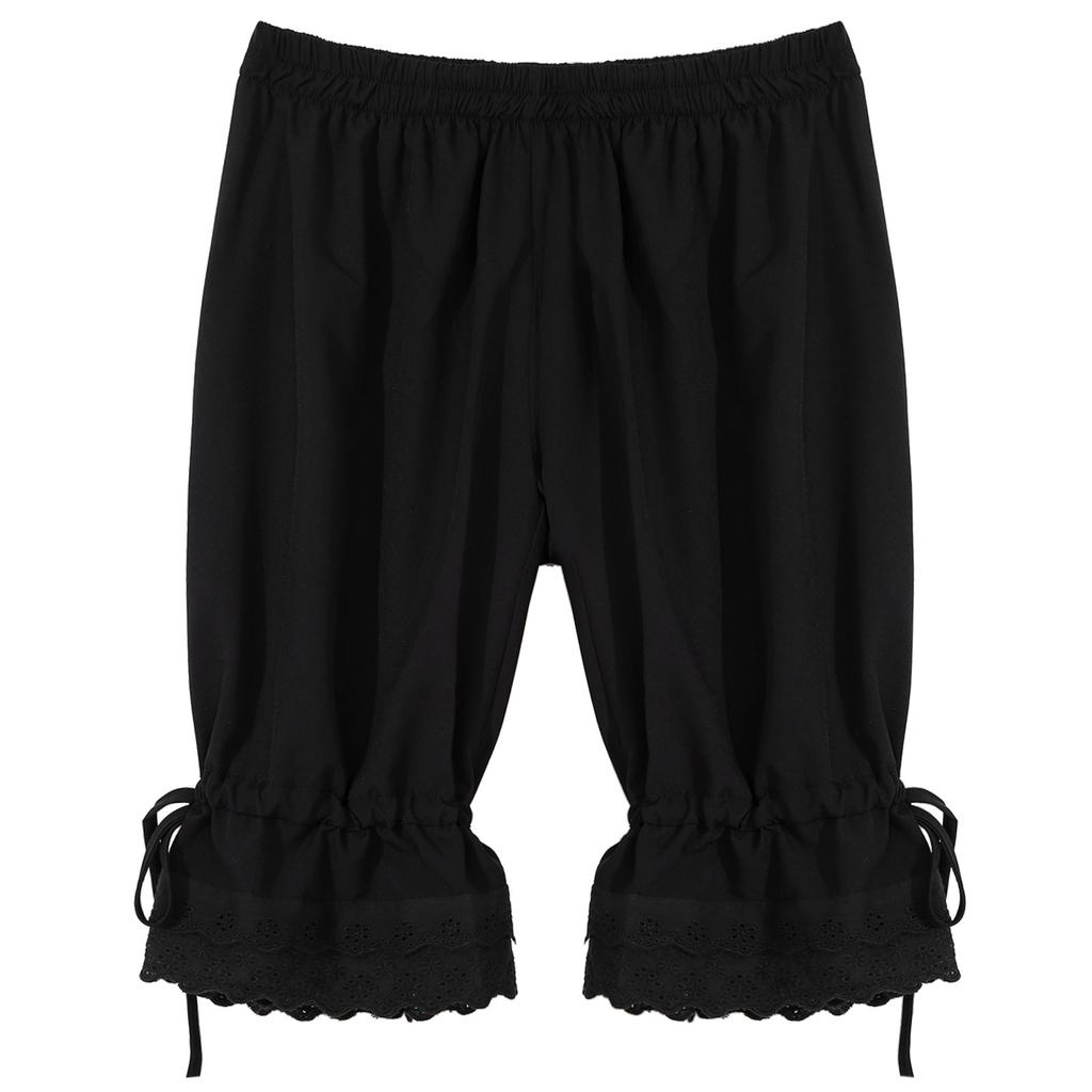 Womens Casual Loose Shorts Elastic Waistband Solid Color Style Lace Ruffle Hem Drawstring Middle Length