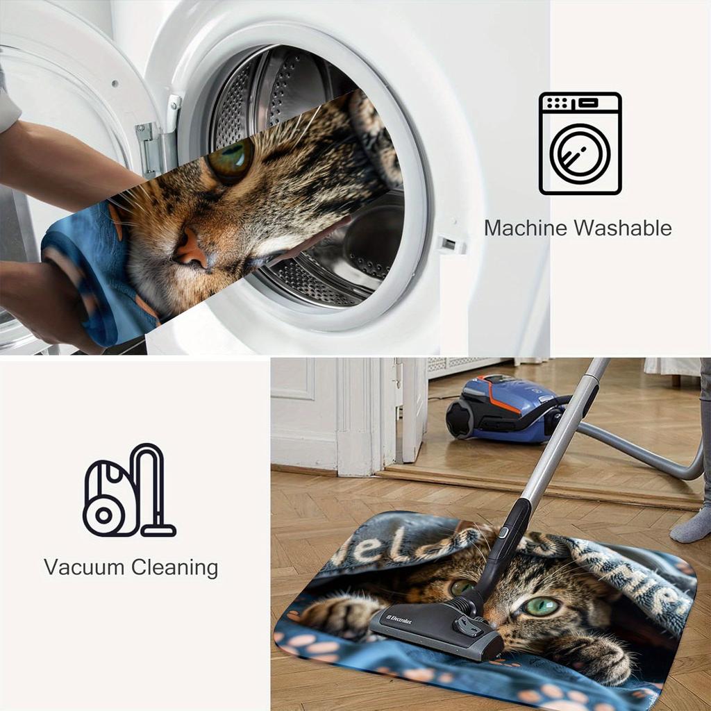 1Pcs Cat Peeking Under Mat with Paw Floor Mat Modern Kitchen Polyester Rug Non-Slip Colorful Indoor Carpet, For Home Bathroom Bedroom Living Room