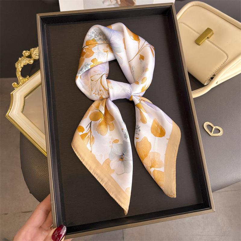 New Floral Print Design Shawl Square Scarf For Women Soft Satin Wraps Neckerchief Female Hair Bands Ribbon Headband Bandana