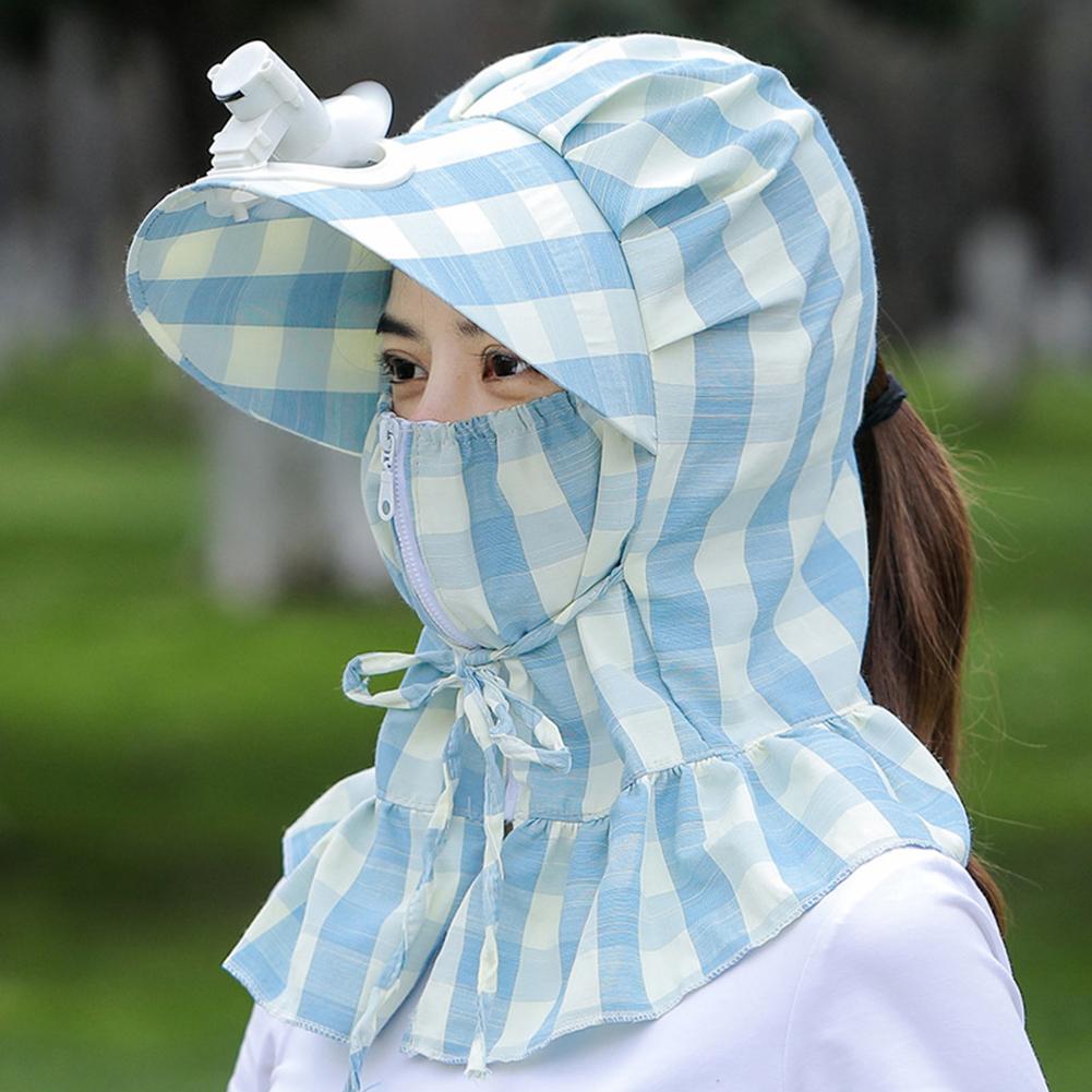 Women Summer Sun Hat Face-covering Neck Protective Windproof Sunshade Sunscreen Striped Hat With Fan