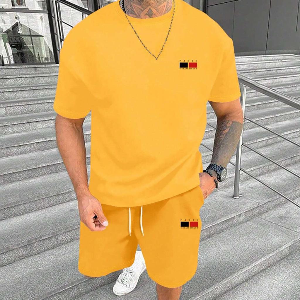 Новый летний спортивный костюм для мужчин однотонный Париж футболка с коротким рукавом шорты комплект из 2 предметов оверсайз повседневный костюм мужская одежда