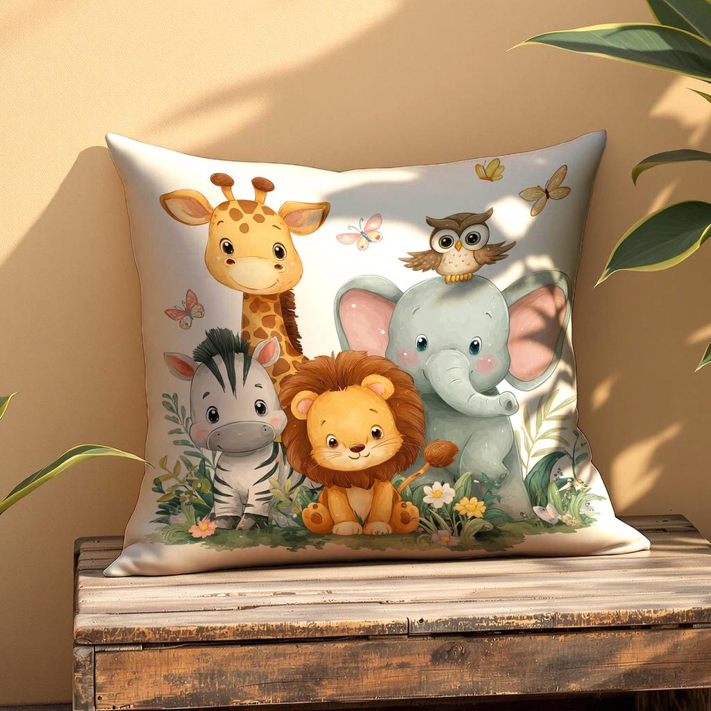 Cute Safari Animals Pillow Cover Cartoon Print Whimsical Jungle Cushion Case For Sofa Bed Couch Kids Nursery Home Decor