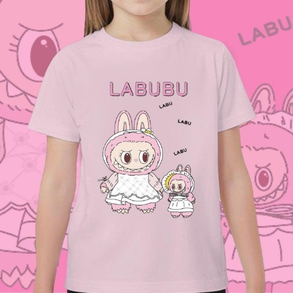 Новая детская футболка с мультяшным рисунком Лабубу Момоко для мальчиков и девочек, свободная, с короткими рукавами