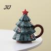 Christmas Tree Coffee Mug with Star Lid, 340ml Festive Holiday Cup for Hot Themed Beverage Drinkware Cocoa And Milk, Retro Curved Handle Microwave