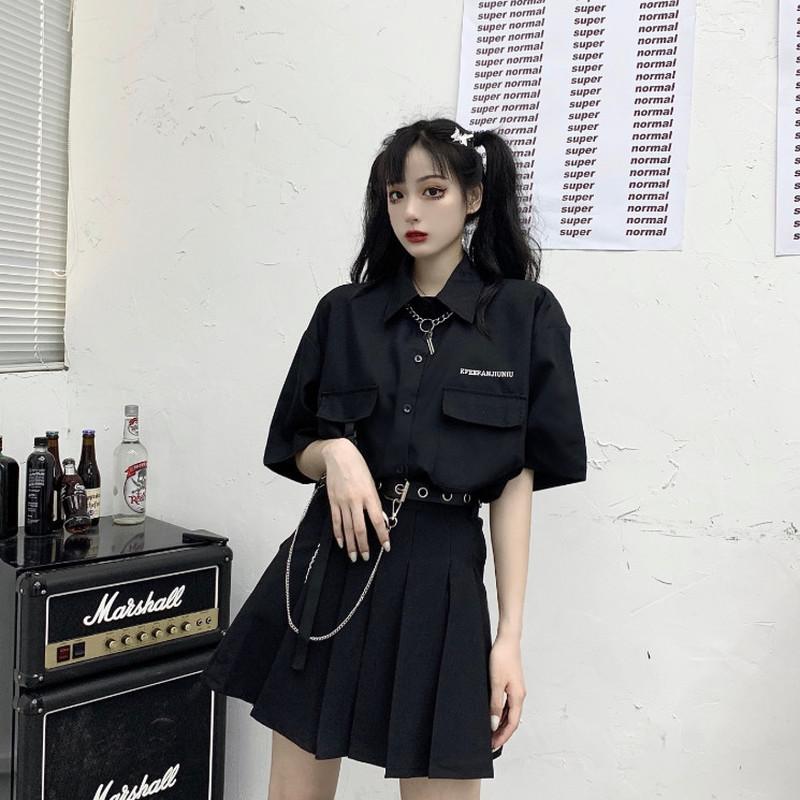 Черная плиссированная юбка в стиле панк, женская мини-юбка в стиле Харадзюку, летняя уличная одежда с цепочкой JK Girl, хип-хоп, корейский стиль