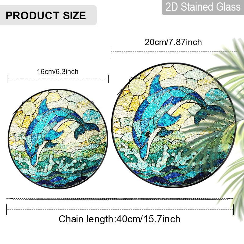 2D Flat Stained Glass Blue Dolphin Window Decoration, 6.3/7.87inches Ocean Theme Colored Glass Plate with Chain, Charming Indoor/Outdoor Sun Catcher