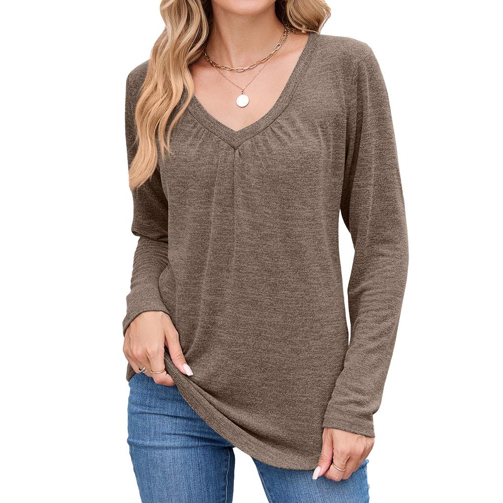New Autumn and Winter Pleated V-neck Loose Long-sleeved T-shirt Top for Women