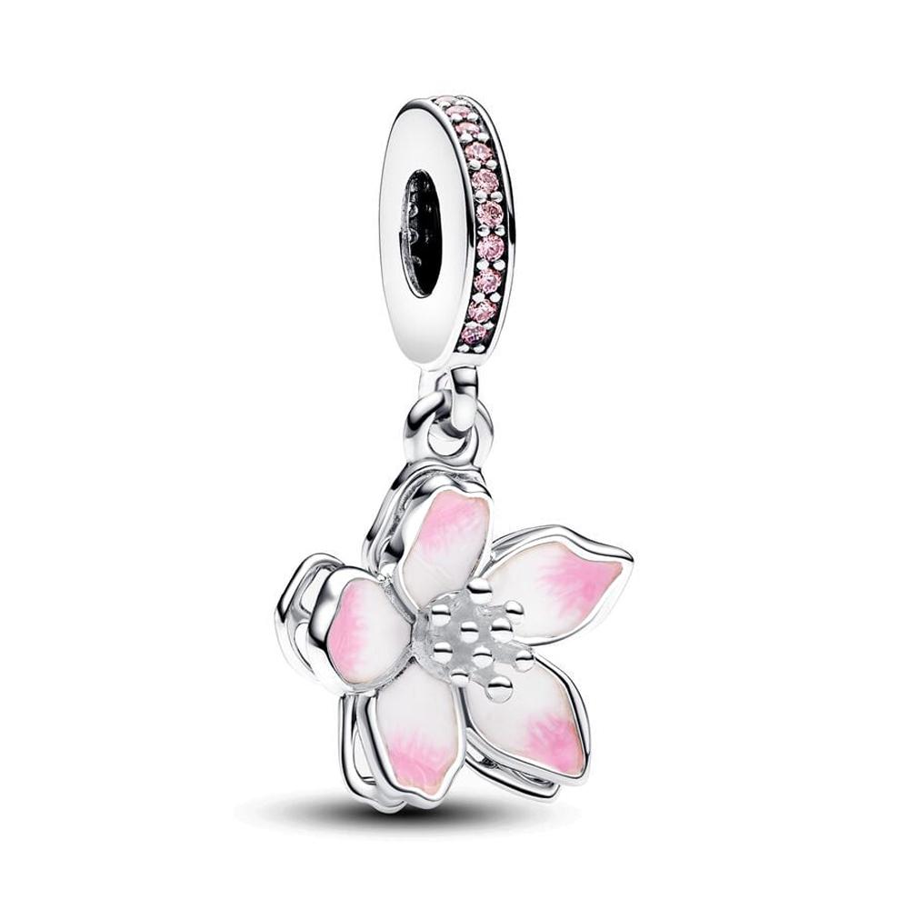Rotatable Cherry Blossom Dangle Charm Fit Original  Bracelet DIY Women Floral Jewelry Making Spring 2024 New