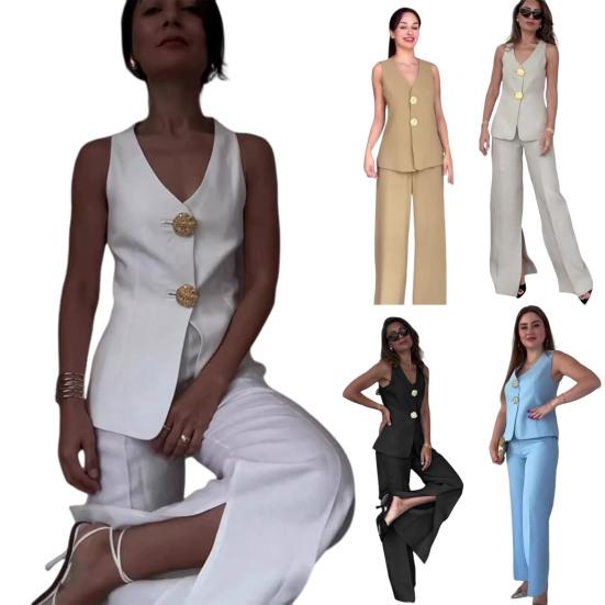 2 шт./комплект женский жилет брюки костюм V-образный вырез застегивается на пуговицы без рукавов топ широкие свободные брюки формальный деловой стиль пригородный наряд