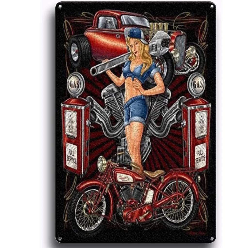 Металлические жестяные таблички Плакат Пин-ап Гараж Настенное украшение Винтажная железная живопись Художественные постеры для мужской пещеры Дома Кафе Гаража Клуба Бара