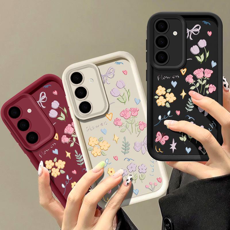 Cartoon Floral Print TPU Shockproof Matte Case For Samsung S25 Ultra S24 FE S23 Plus A56 A36 A16 A15 A55 A06 Soft Silicone Lens Protection Phone Cover