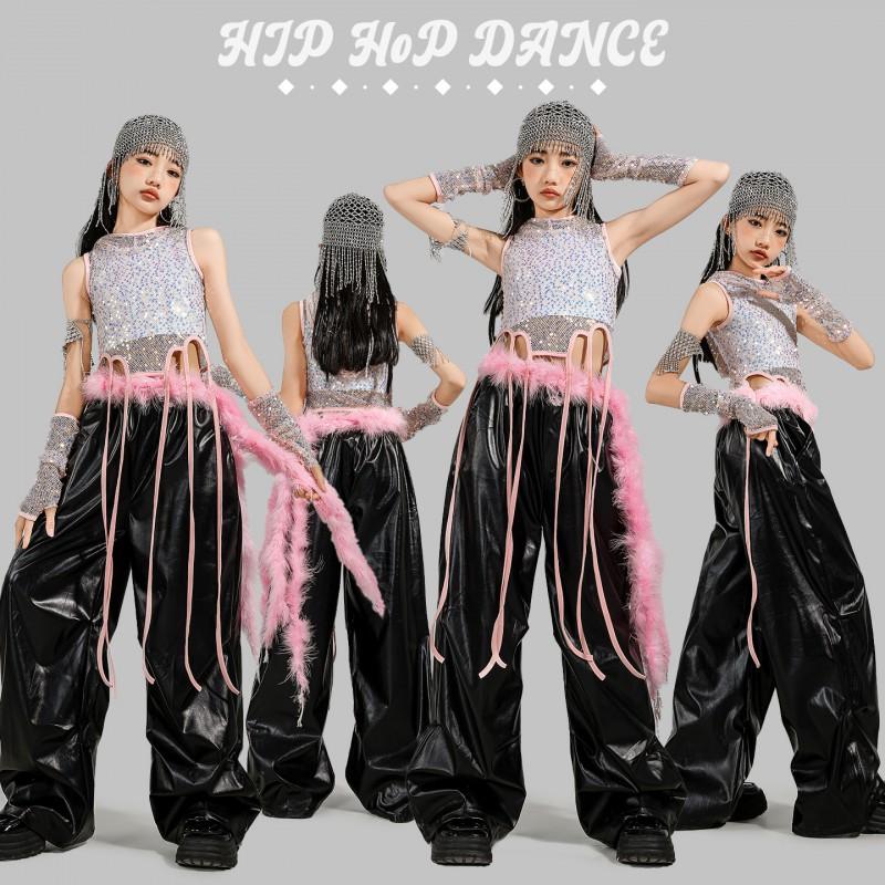 Girls Jazz Dance Outfit Set With Sequin Hooded Crop Top Black Pants Streetwear Performance Costume Kids Teens
