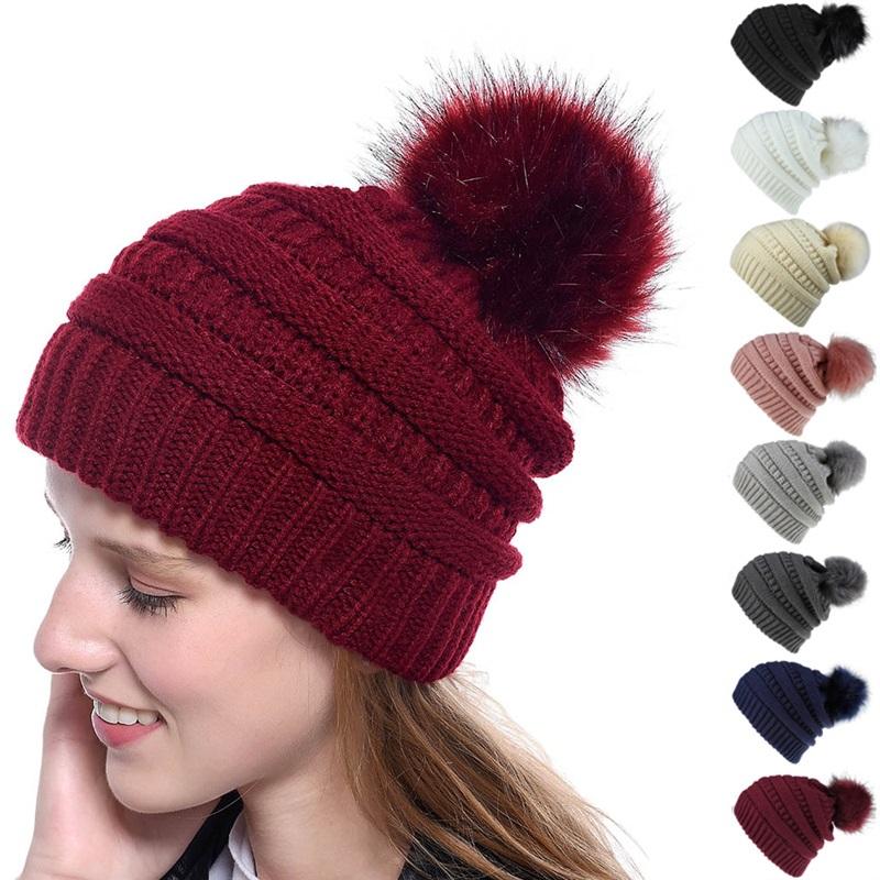 1Pc Fashion Winter Women Thick Warm Beanies Slouchy Pom Pom Beanie Cap Wool Knitted Hat