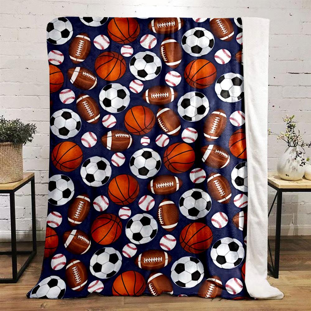 The pattern features various sports balls. for all seasons blanket lunch break throw gift