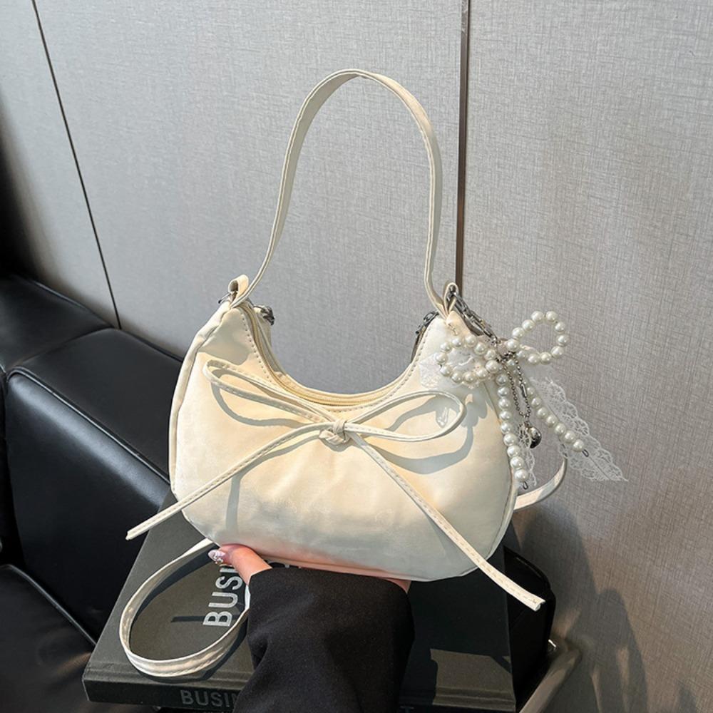 Lace Pearl Pendant PU Hobo Bag Large Capacity French Style Handbag Bow Shoulder Bag Outdoor