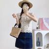 Sleeveless Women Sweater Female Knitted Vest New French Chic Small Shirt with Hollowed Out Collarbone Niche Thin and Short Lace Top
