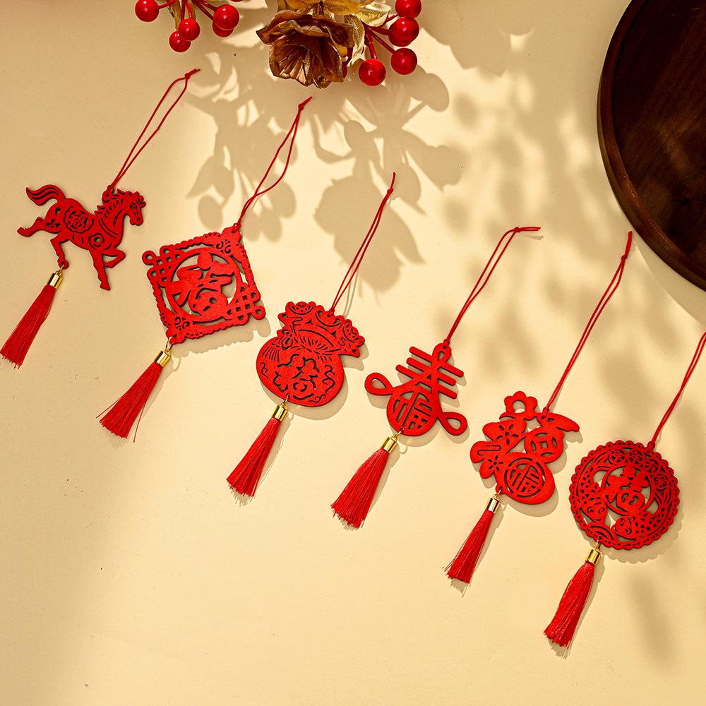 Year of the Horse Spring Festival Wooden Plant Tag with Green Plant and Fu Tassel Pendant
