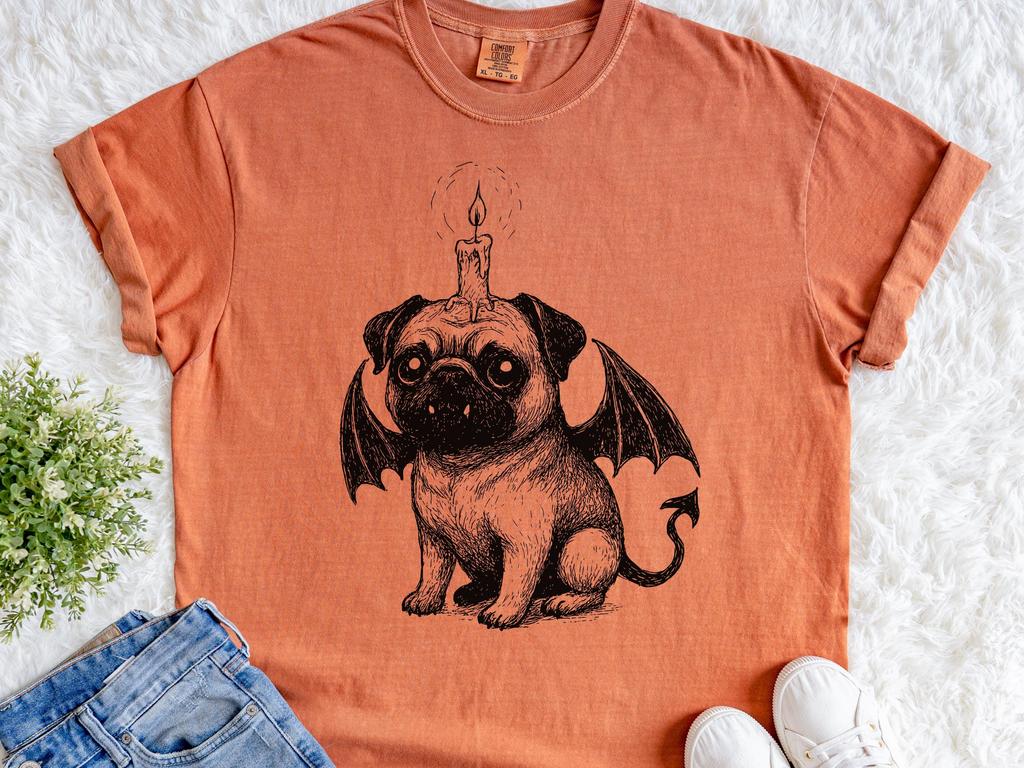 Halloween Devil Pug Shirt – Vintage Engrave Ink Style, Winged Hellhound Candle Head Tee, Funny Spooky Dog Gift for Mom Dad & Pug Lovers