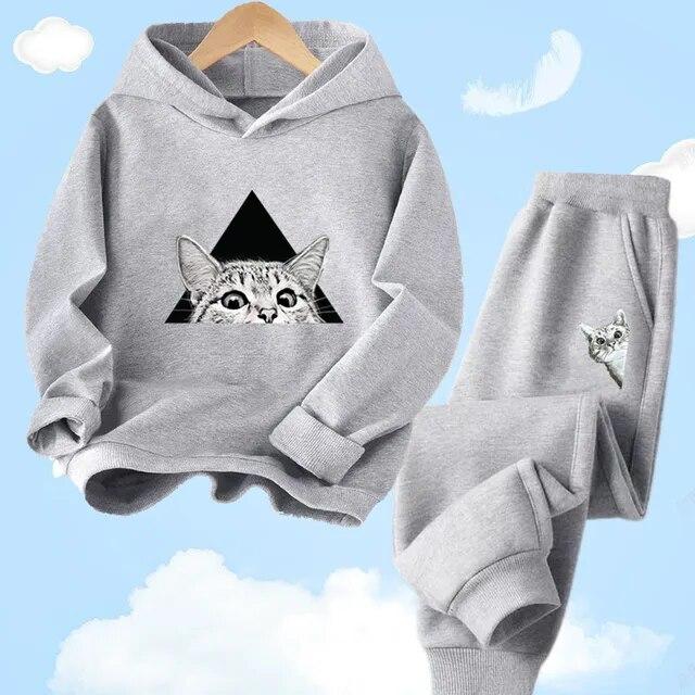 Толстовка с капюшоном + брюки для мальчиков, повседневный спортивный осенне-зимний комплект, детский комплект одежды с принтом кота и мультяшным животным