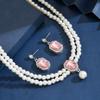 Ladies Two Layer Pearl Shines Oblong Crystal Necklace & Ear Drop Jewelry Set