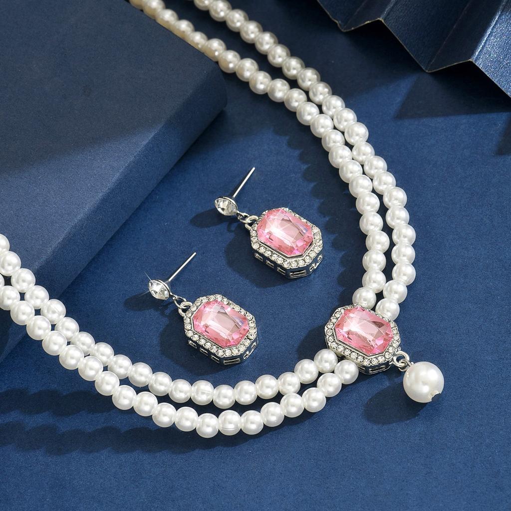 Ladies Two Layer Pearl Shines Oblong Crystal Necklace & Ear Drop Jewelry Set