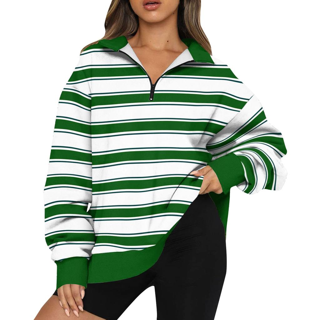 Women's Sweatshirt Fashionable Long Sleeved Striped Printed Half Zip Sweatshirt Top