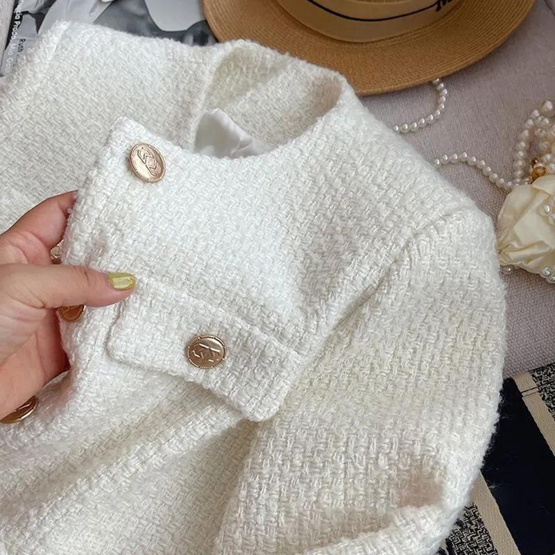 Весенне-осенний женский шикарный твидовый пиджак в корейском стиле с коротким шерстяным топом