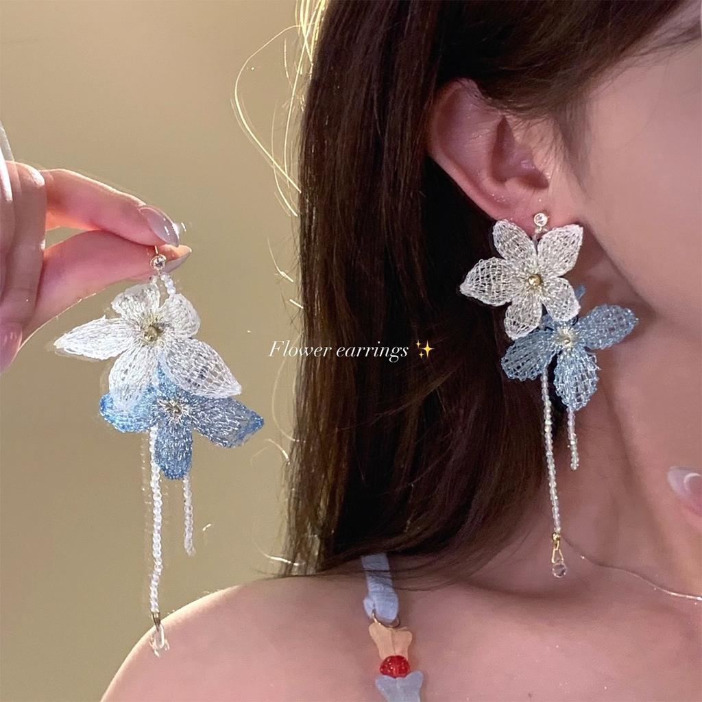 Brushed Flower Fringe Earrings Holiday Style Exaggerated Design Women Street Shooting Accessories