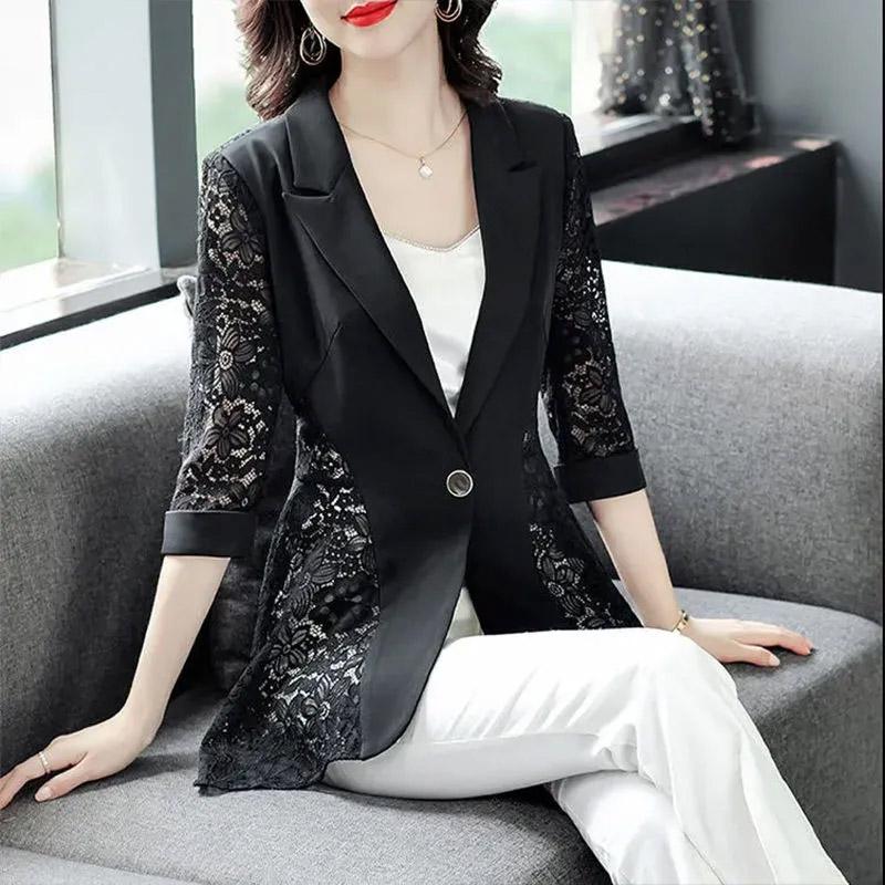 Blazer Suit for Women Slim Fit Long Sleeve Button Cardigan Solid Color Lace Suit Jacket