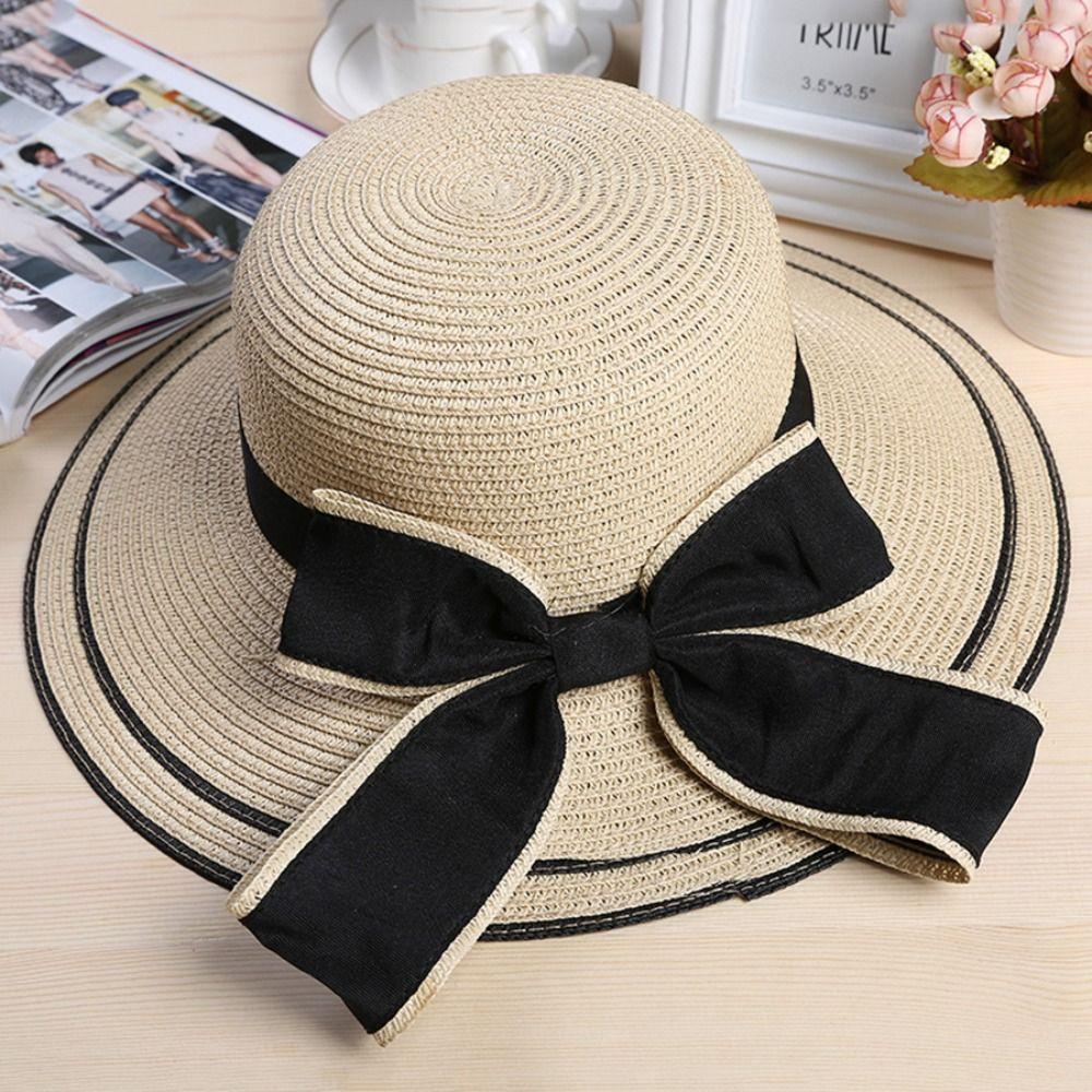 New Summer Women Sun Hat Casual Fashion Bowtie Fisherman Hat Straw Hat with Bow Ribbon Travel Beach Hat