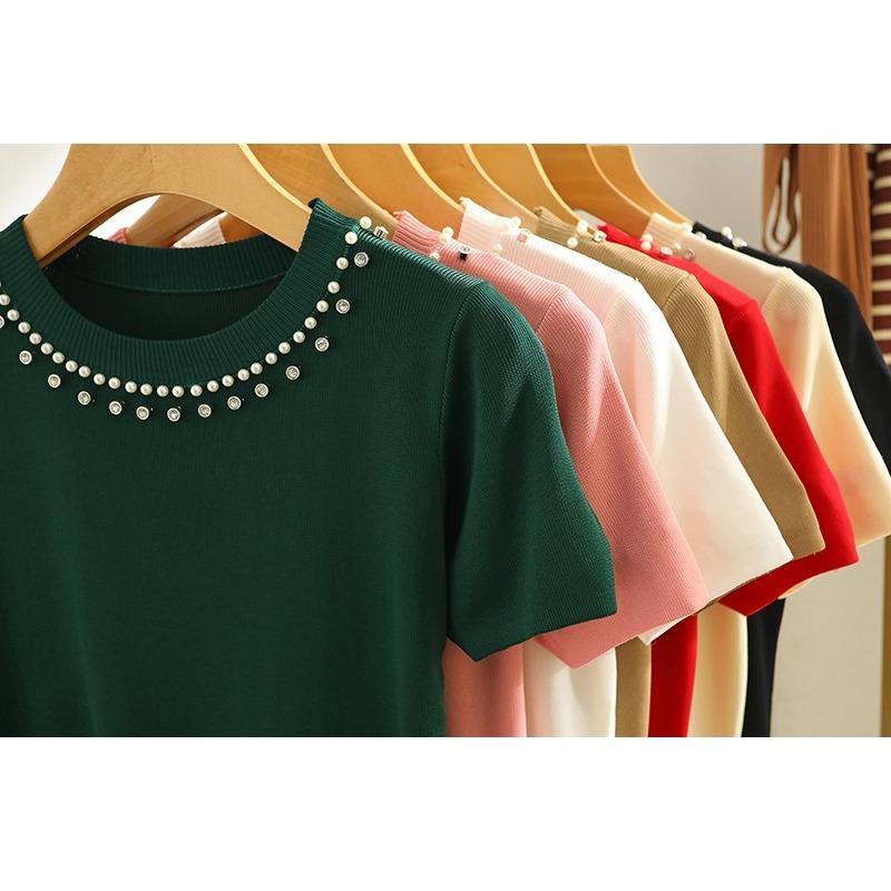 Women's Summer Short Sleeve Knitted T-shirt New Fashion O Neck Beaded Knit Elegant Short Top Female Casual Simple Solid Color Ladies Tshirt 3112