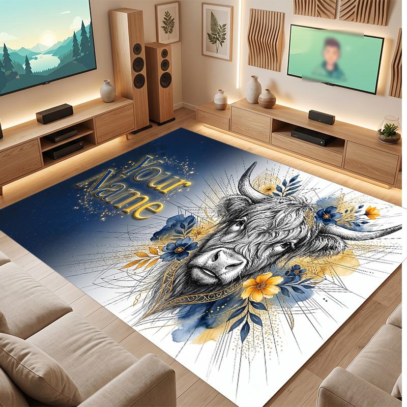 Highland Cow Theme Soft Crystal Velvet Rug Custom Name & Text Print Non Slip Floor Rug for Bedroom Living Room
